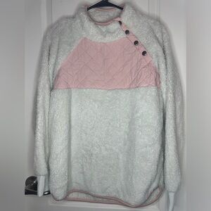 Large long sleeve, fluffy, white and pink, pull-over sweater with pockets